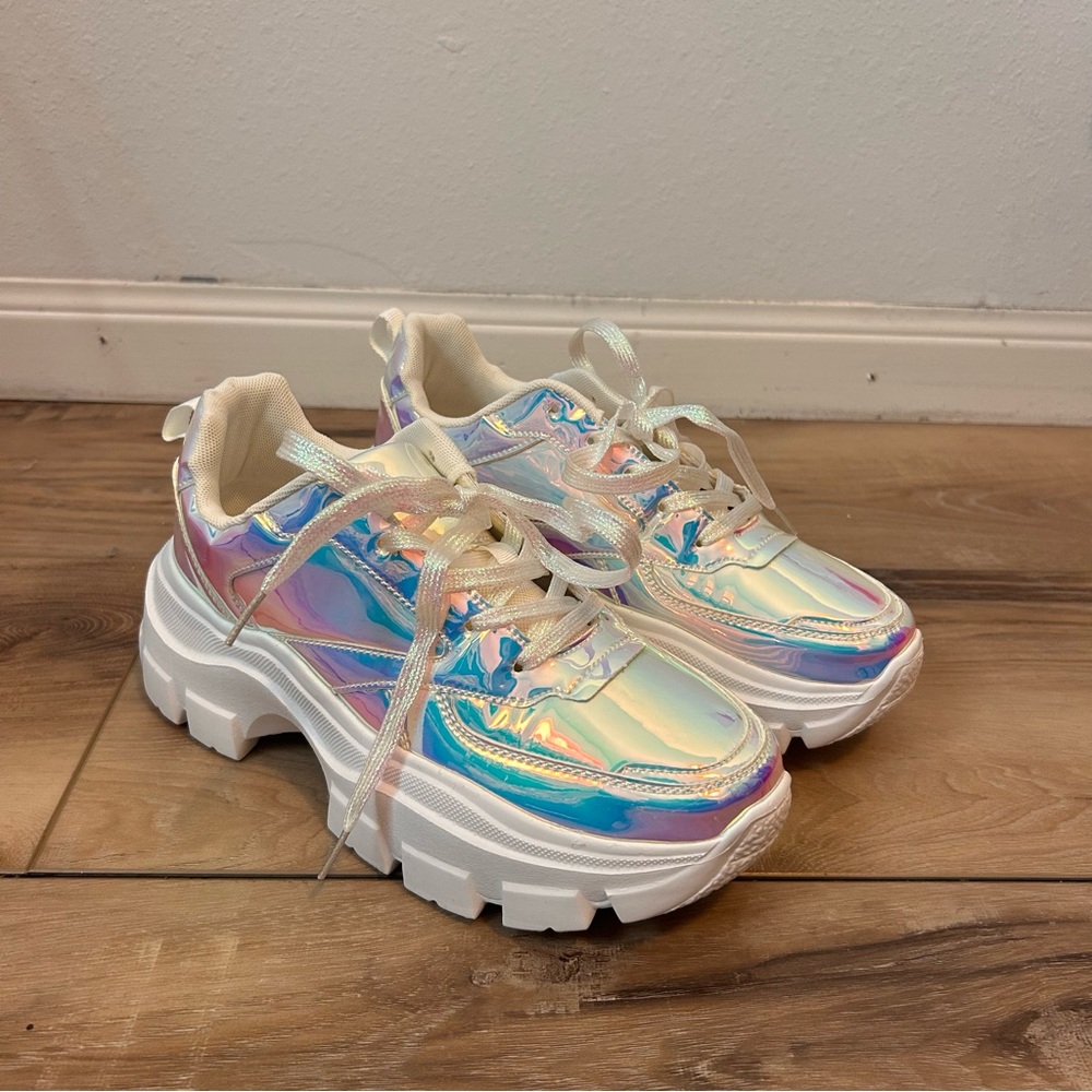 Lucky Step Size 9 Women’s Memory Foam Holographic Rainbow Silver Platform Shoes